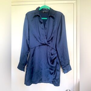 Zara Navy Satin Shirt Dress